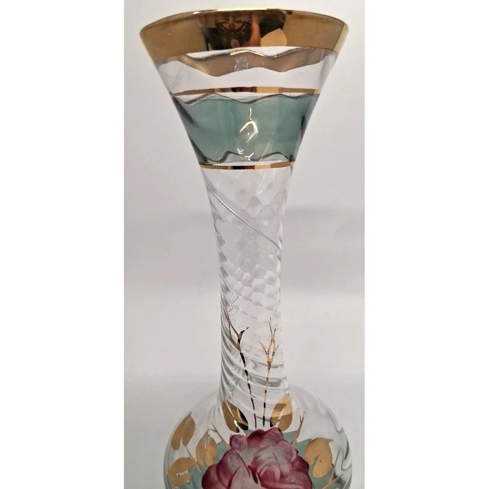 Vintage Bohemian Glass Vase with Enamel Rose Decoration and Gold Accents